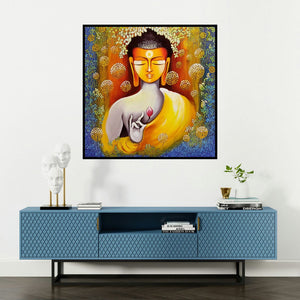 'Buddha Peace Begins With Self Love Ser' painting by Nitu Chhajer shown on a wall in a furnished room.