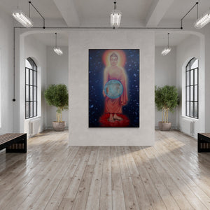 Preview of 'Buddha For Peace (Universal Compassion)' Painting by Ghanshyam Gupta shown on a wall in a furnished room.