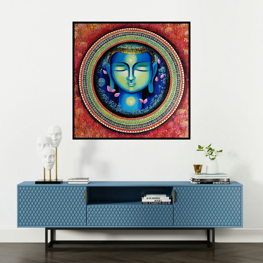 'Buddha The Rise Of Soul Conciousness (Buddha in Meditation)' painting by Nitu Chhajer shown on a wall in a furnished room.
