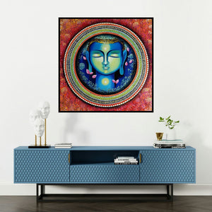 'Buddha The Rise Of Soul Conciousness (Buddha in Meditation)' painting by Nitu Chhajer shown on a wall in a furnished room.