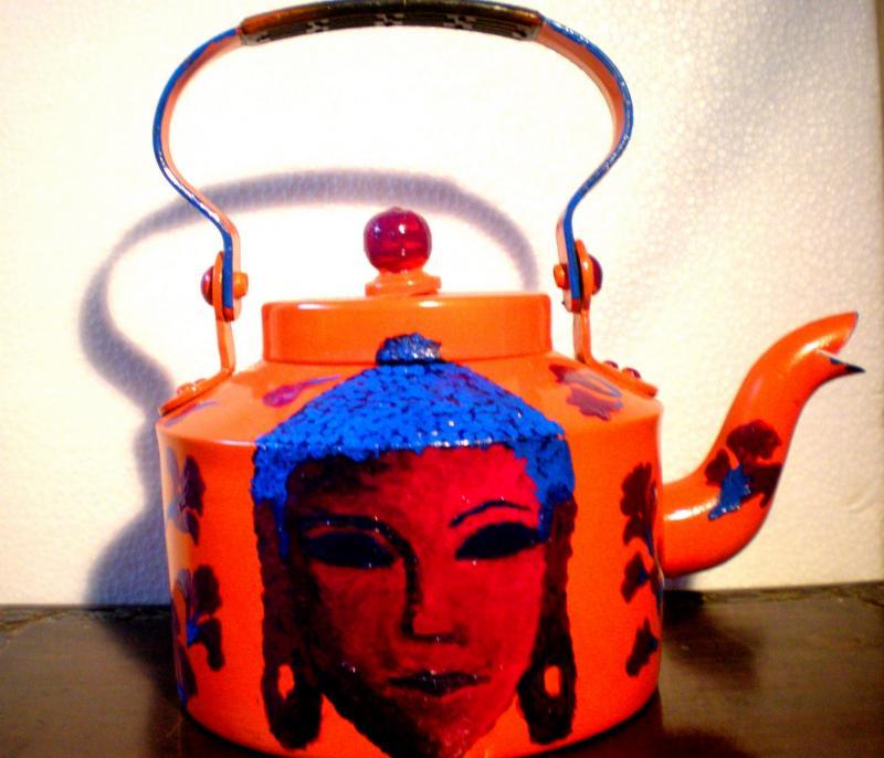 Lifestyle craft titled 'Buddha Tango Tea Kettle', 9x9x7 inches, by artist Rithika Kumar on Aluminium