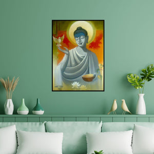 Preview of 'Buddha Vigilance' Painting by Sanjay Lokhande shown on a wall in a furnished room.
