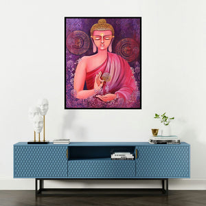 Nitu Chhajer's 'Buddha A Way Of Living In Freedom (Buddha in Red)' painting visualized above a sofa in a contemporary room.