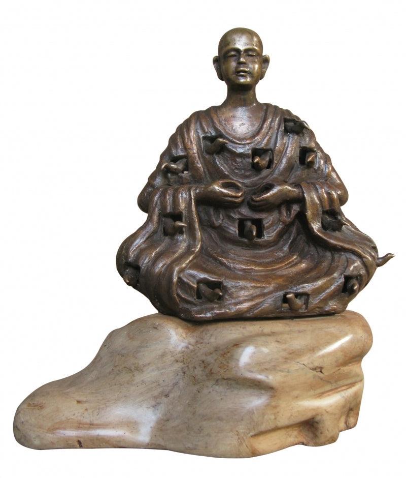 Religious sculpture titled 'Buddha With Nature 1', 54x48x36 inches, by artist Asurvedh Ved on Bronze