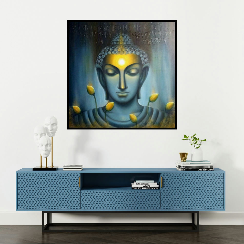 'Buddham (Abstract Dancing Couple)' painting by Madhumita Bhattacharya shown on a wall in a furnished room.