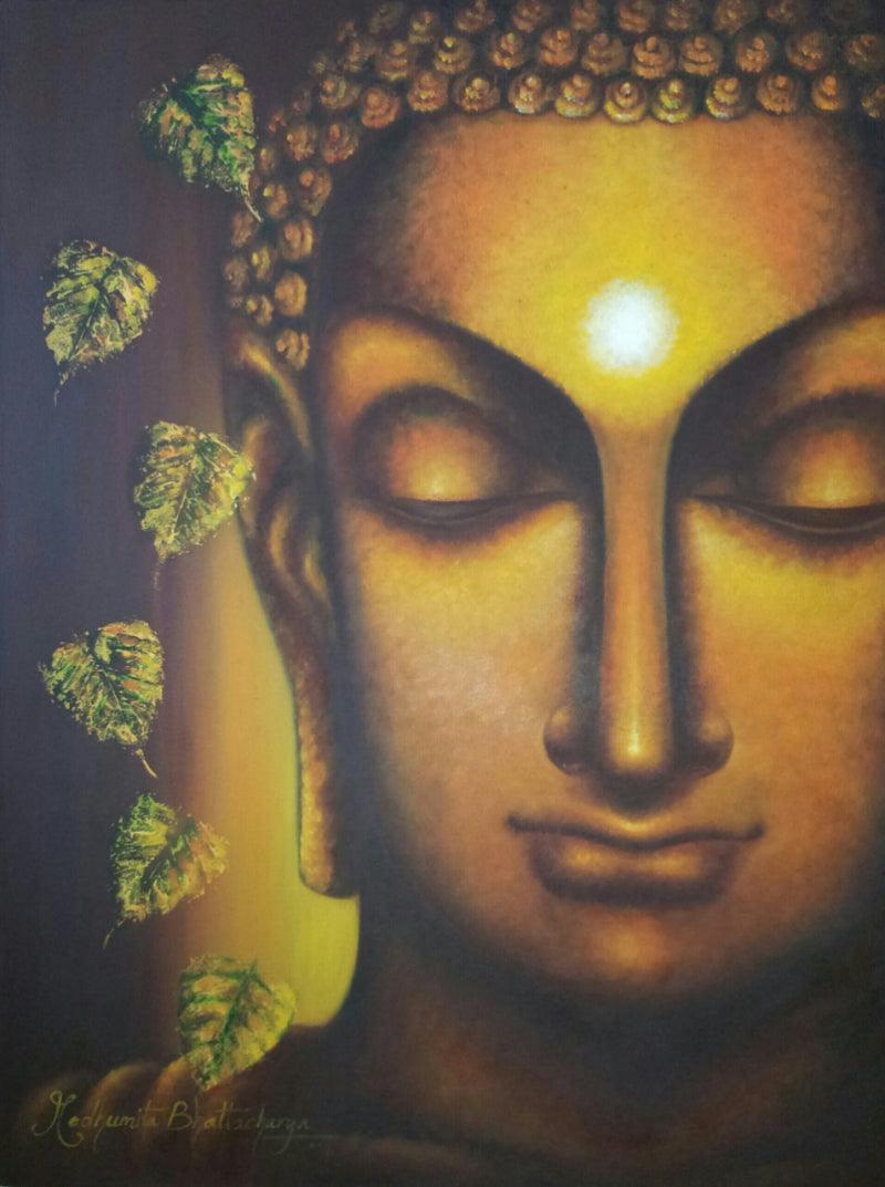 Religious oil painting titled 'Buddham Sharanam', 30x40 inches, by artist Madhumita Bhattacharya on Canvas