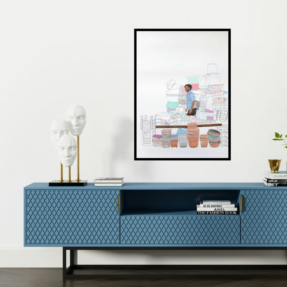 'Budh Bazaar 20' painting by Biplab Sarkar shown on a wall in a furnished room.