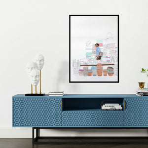 'Budh Bazaar 20' painting by Biplab Sarkar shown on a wall in a furnished room.