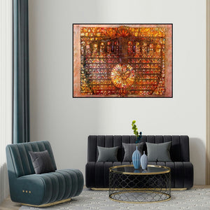 Ram Thorat's 'Budha 2 (The Sacred Geometry of Existence)' painting visualized above a sofa in a contemporary room.