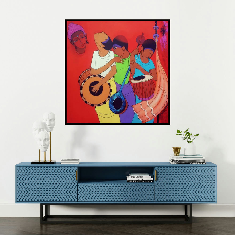 'Budha The Angel' painting by Dnyaneshwar Bembade shown on a wall in a furnished room.