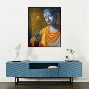 Sanjay Lokhande's 'Budhha Wisdom' painting visualized above a sofa in a contemporary room.