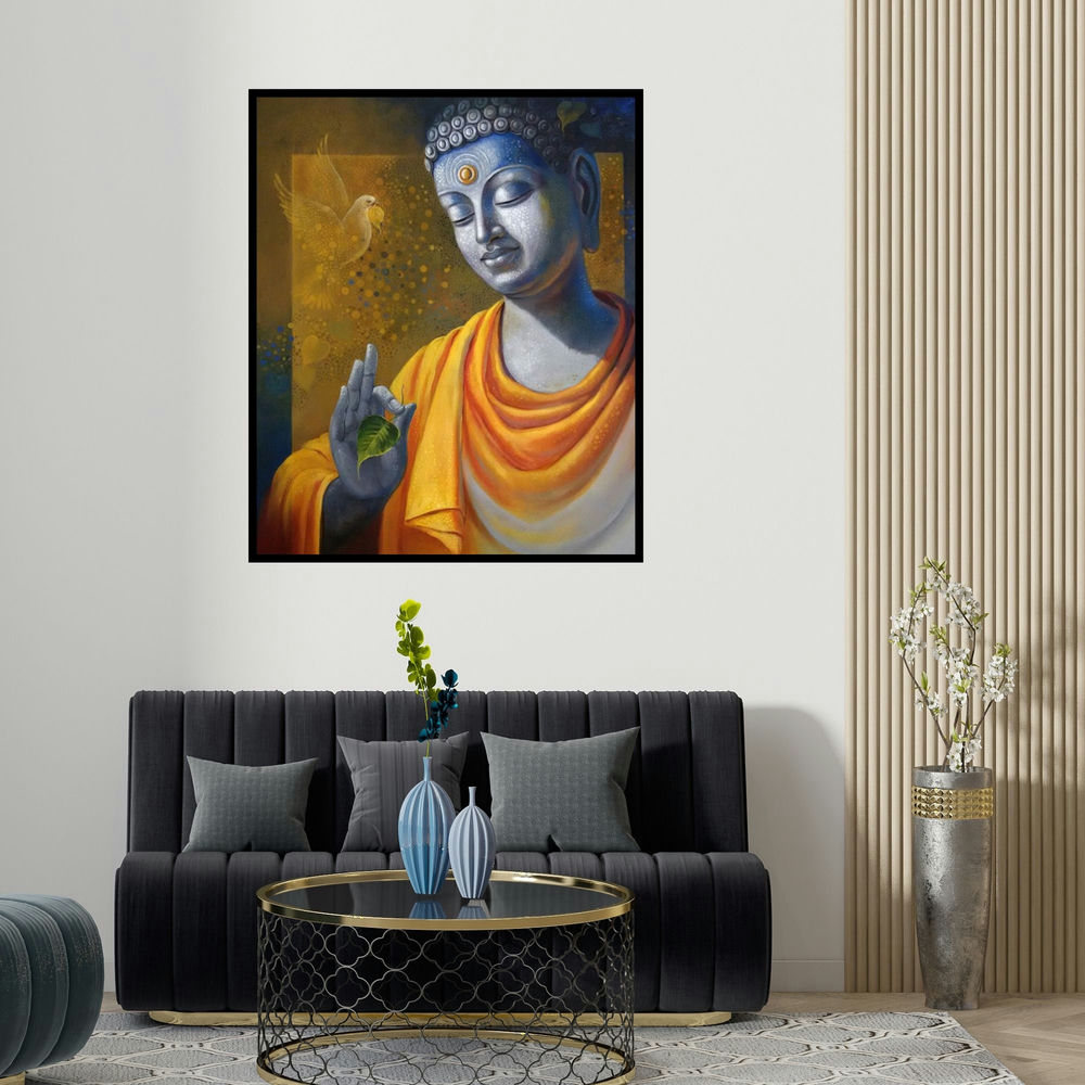 'Budhha Wisdom' painting by Sanjay Lokhande shown on a wall in a furnished room.