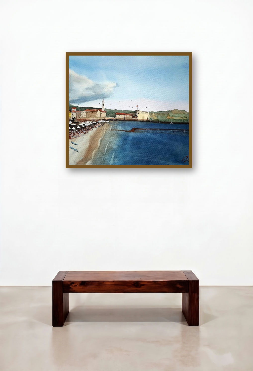 Budva Montenegro (Seaside Vista) by artist Arunava Ray displayed in a Luxury Family Room