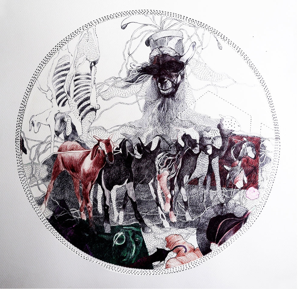 'Buffet' contemporary pen-ink drawing by artist Sourav Nandy, 20x20 inch, on paper