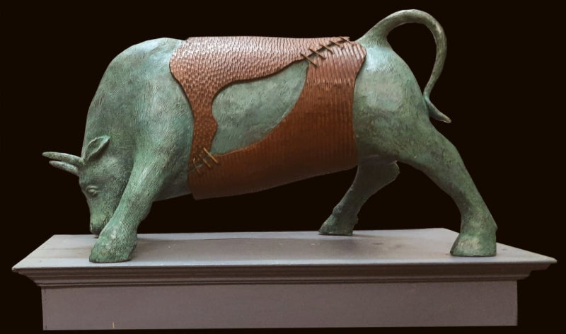 'Bull' animals Bronze, Wood sculpture by artist Subrata Paul, 13x25 inch, on bronze, wood
