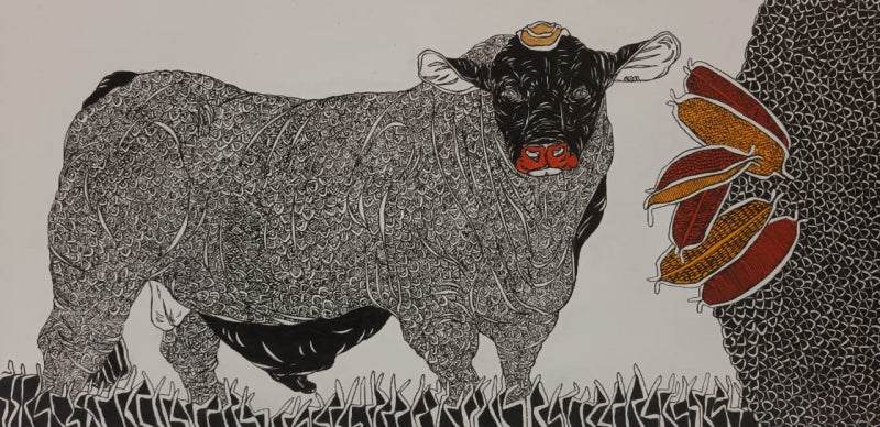 Bull 11' animals pen drawing by artist Rama Krishna V, 12x24 inch, on canvas board