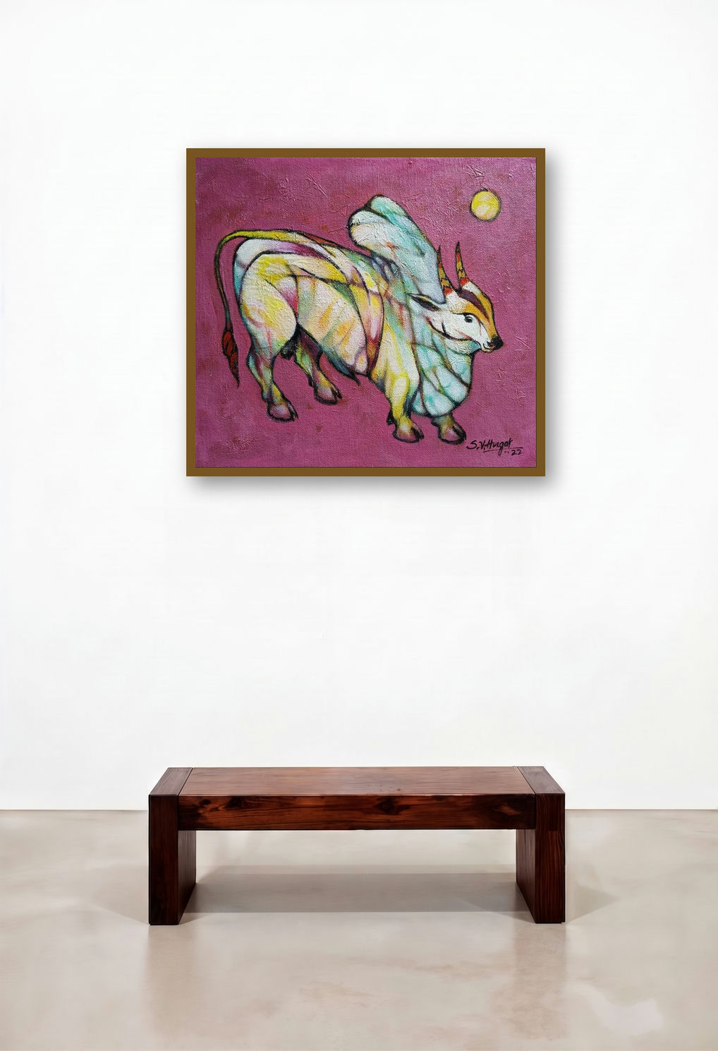 Bull 14 (Celestial Charge**) by artist Shivu Hugar displayed in a Rustic Hotel Lobby