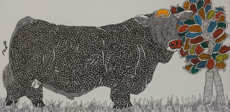 Bull 14' animals pen drawing by artist Rama Krishna V, 12x24 inch, on canvas board