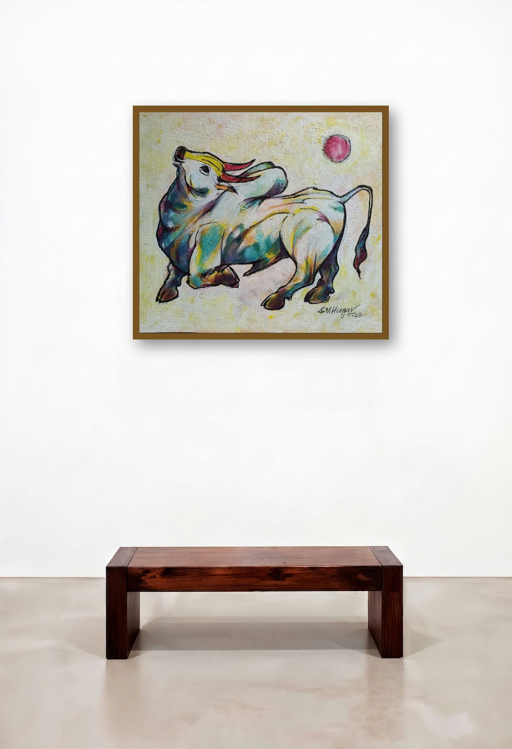 Bull 15 (Celestial Charge**) by artist Shivu Hugar displayed in a Scandinavian Living Room