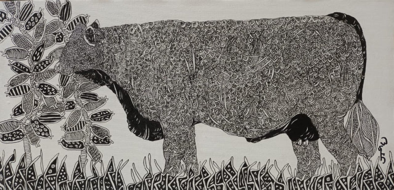 Bull 15' animals pen drawing by artist Rama Krishna V, 12x24 inch, on canvas board