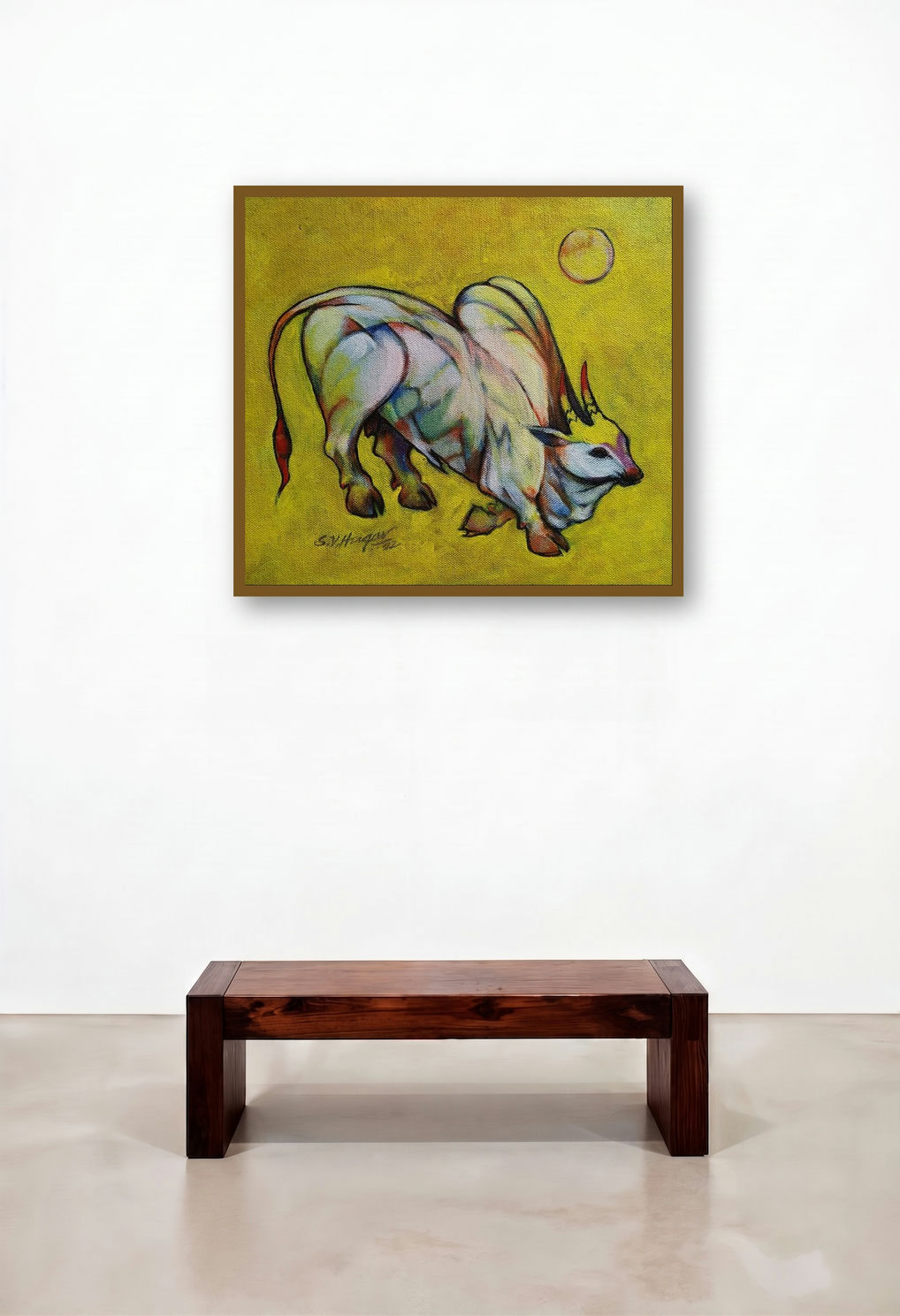 Bull 16 (Celestial Charge**) by artist Shivu Hugar displayed in a Elegant Executive Office