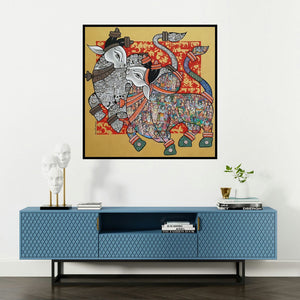 'Bull (Sacred Nandi Pair)' painting by Vivek Kumavat shown on a wall in a furnished room.