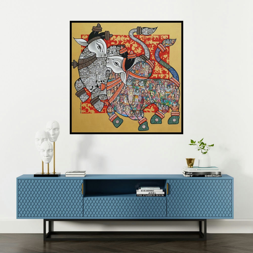 'Bull (Sacred Nandi Pair)' painting by Vivek Kumavat shown on a wall in a furnished room.
