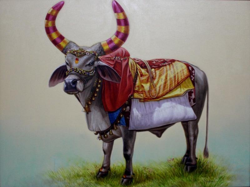 Animals charcoal painting titled 'Bull', 36x48 inches, by artist Yuvraj Patil on Canvas