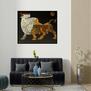 'Bull 2' painting by Dinkar Jadhav shown on a wall in a furnished room.