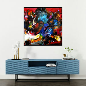 'Bull 2 (Untitled)' painting by Madan Lal shown on a wall in a furnished room.