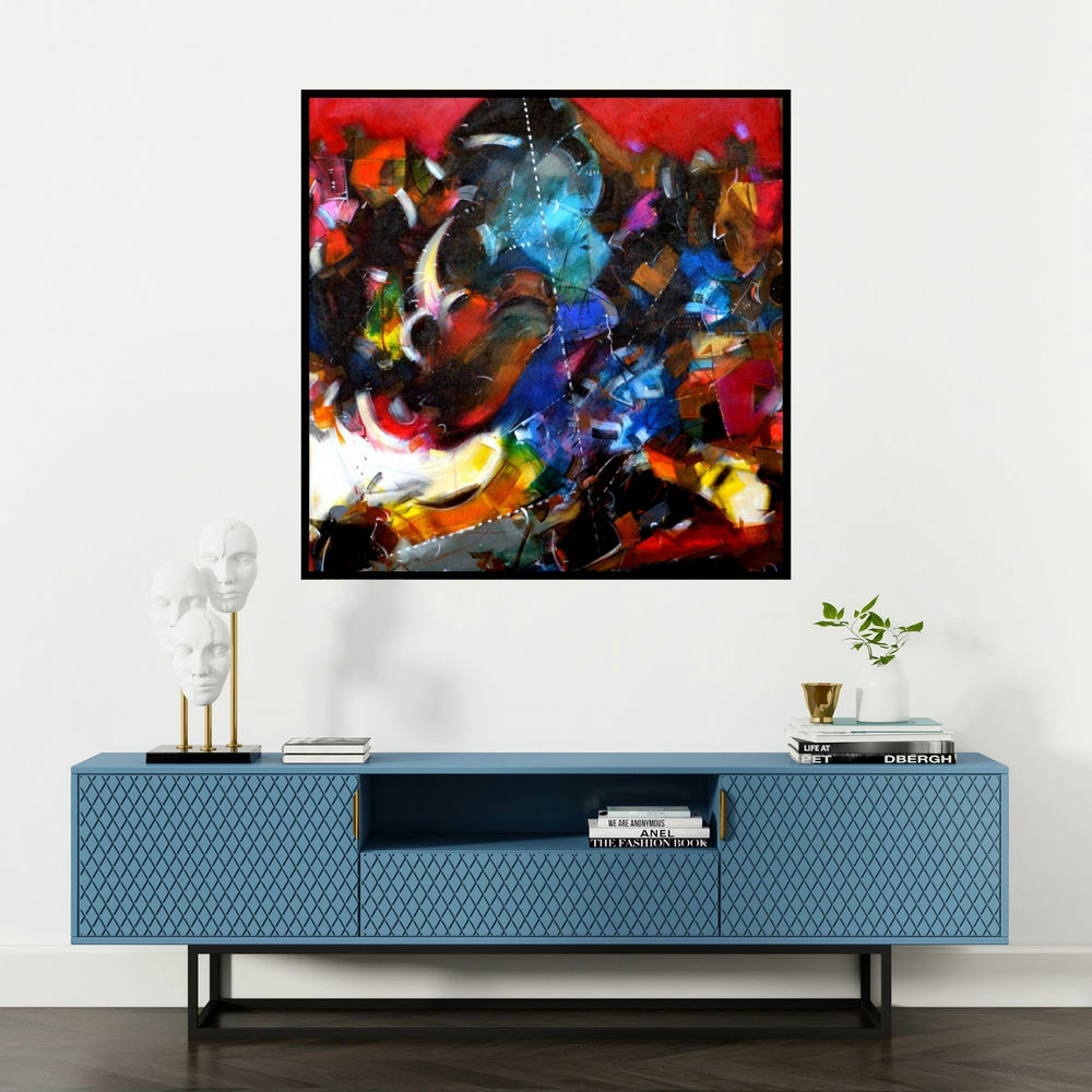 'Bull 2 (Untitled)' painting by Madan Lal shown on a wall in a furnished room.