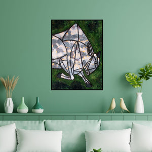 Preview of 'Bull 2' Painting by Sunil Das shown on a wall in a furnished room.