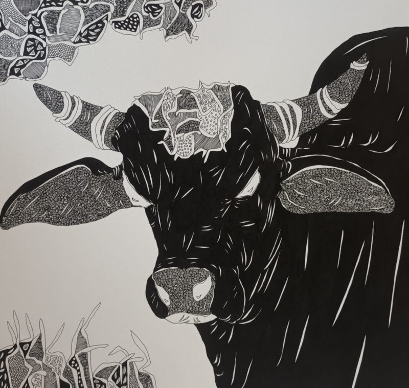 Bull 21' animals pen drawing by artist Rama Krishna V, 14x14 inch, on paper