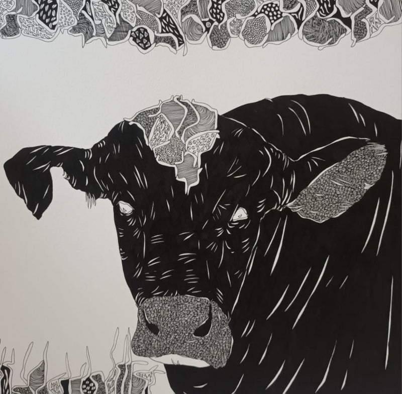 Bull 22' animals pen drawing by artist Rama Krishna V, 14x14 inch, on paper