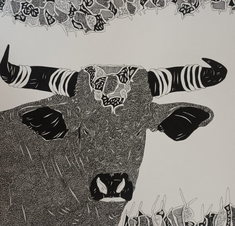 Bull 23' animals pen drawing by artist Rama Krishna V, 14x14 inch, on paper