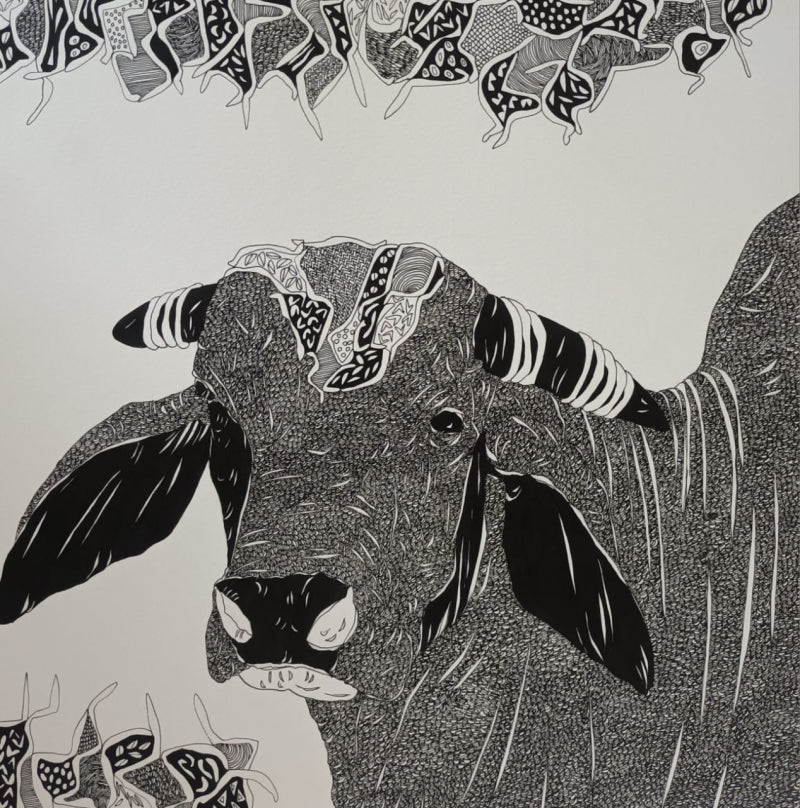 Bull 24' animals pen drawing by artist Rama Krishna V, 14x14 inch, on paper