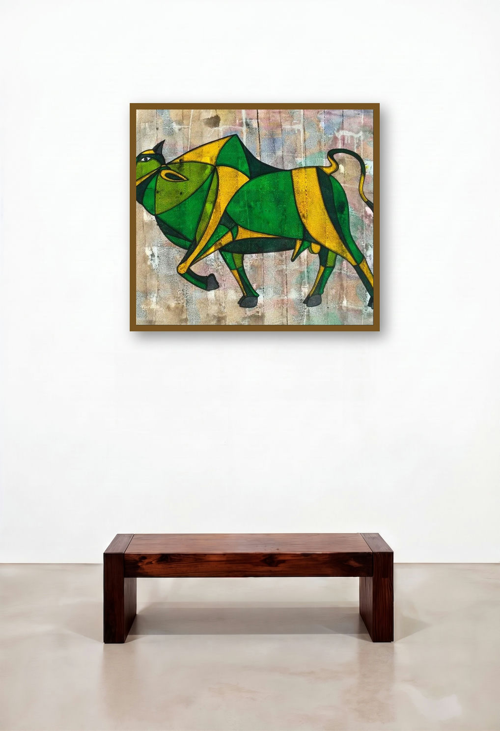 Bull 25 (Bull 34) by artist Vijay Belde displayed in a Contemporary Luxury Hotel Lobby