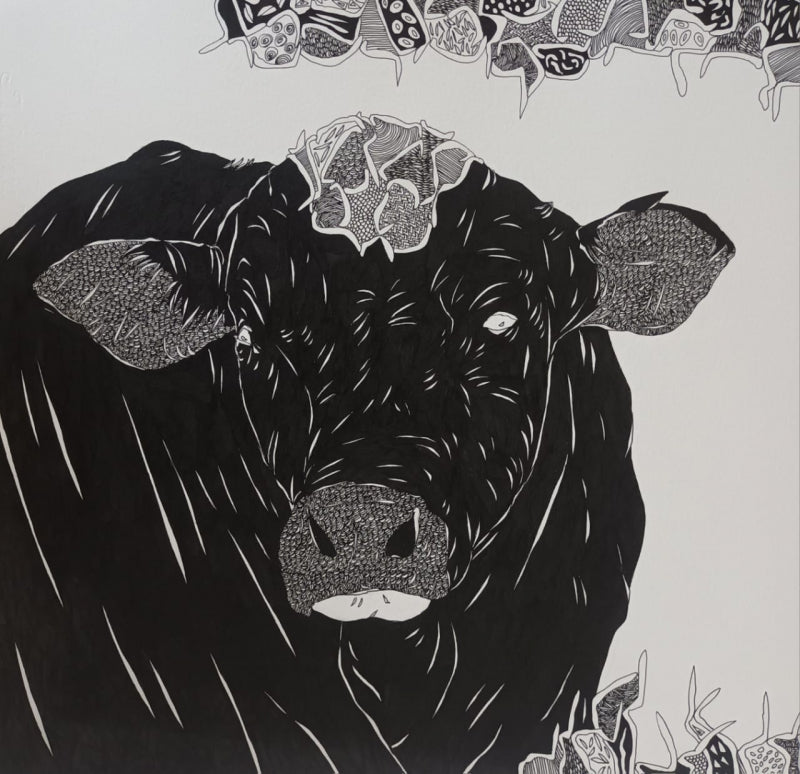 Bull 25' animals pen drawing by artist Rama Krishna V, 14x14 inch, on paper