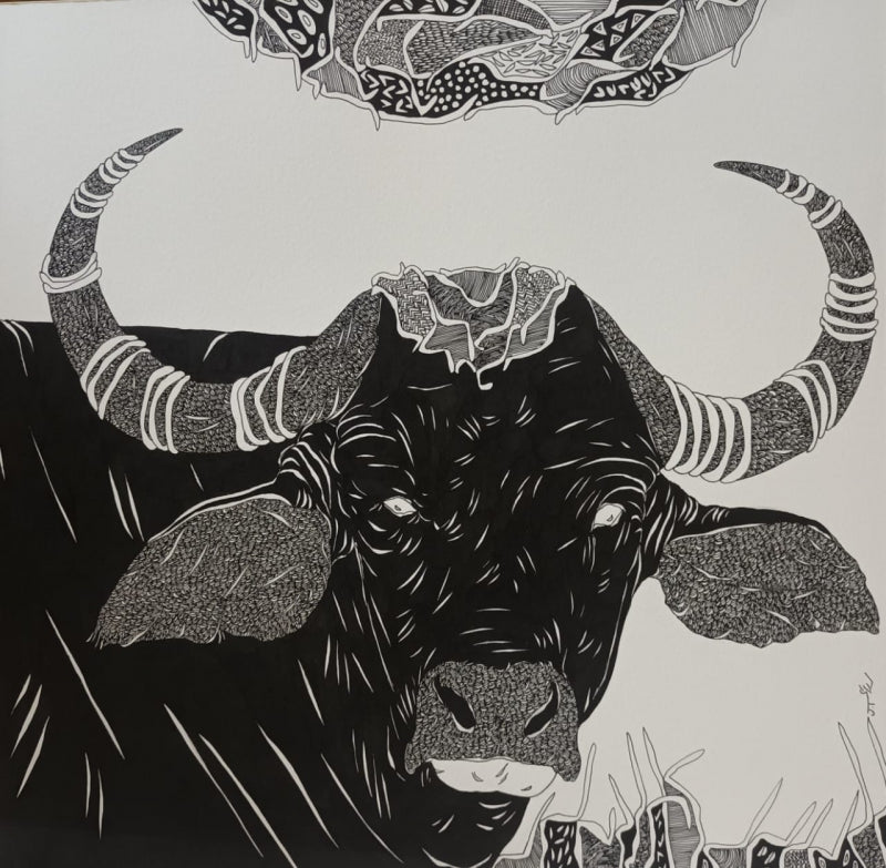 Bull 26' animals pen drawing by artist Rama Krishna V, 14x14 inch, on paper