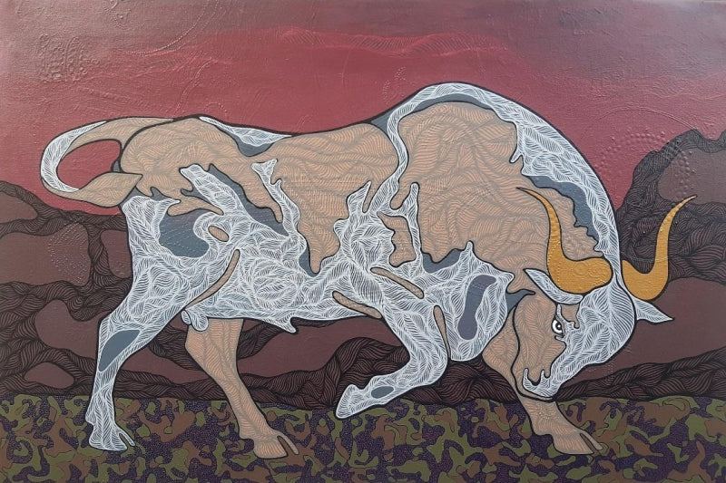 Bull' animals acrylic painting by artist Siddharth Chaudhuri, 22x34 inch, on canvas