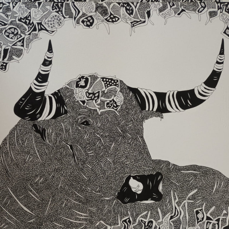 Bull 28' animals pen drawing by artist Rama Krishna V, 14x14 inch, on paper