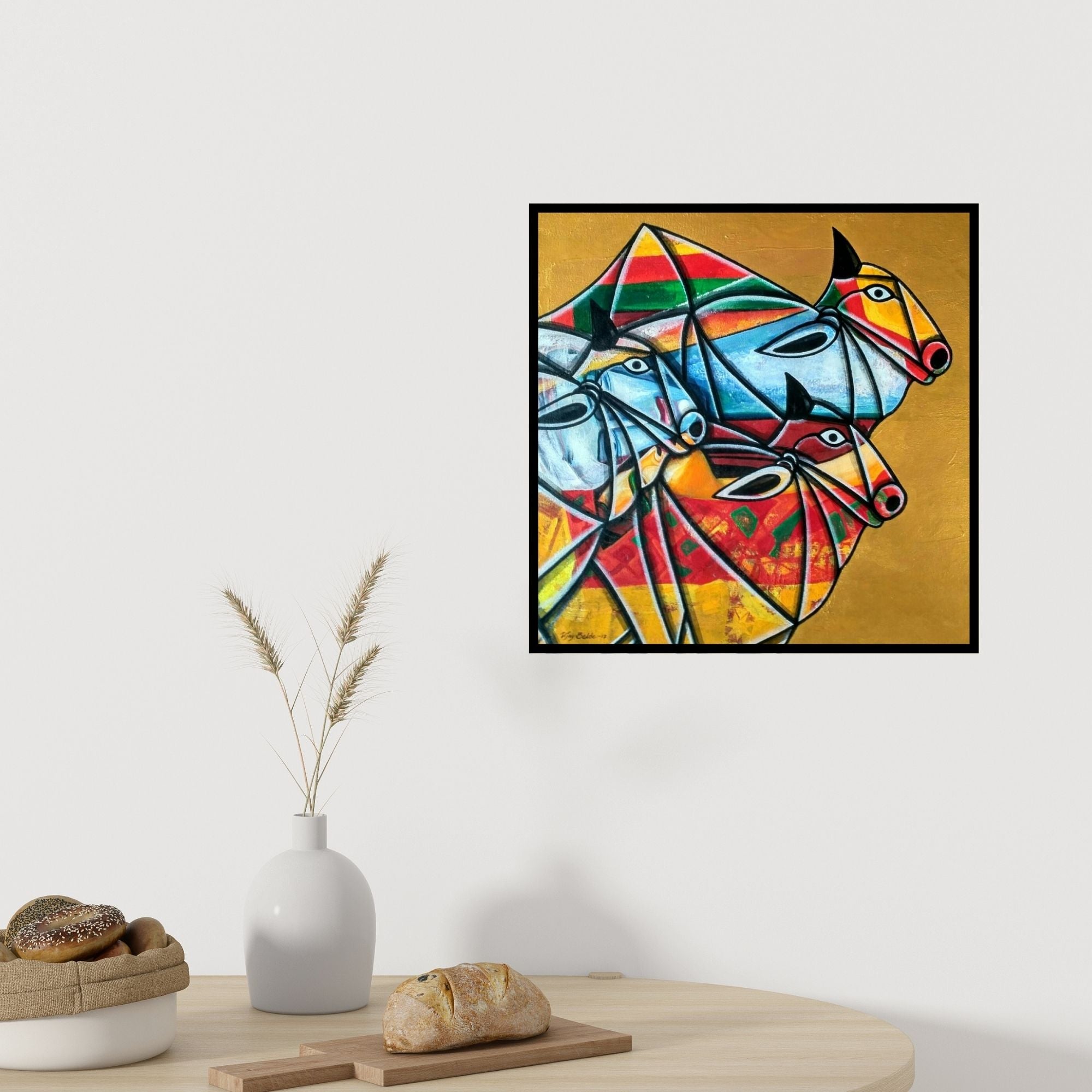 In-situ view of Vijay Belde's 'Bull 28 (Bulls 07)' painting in a room