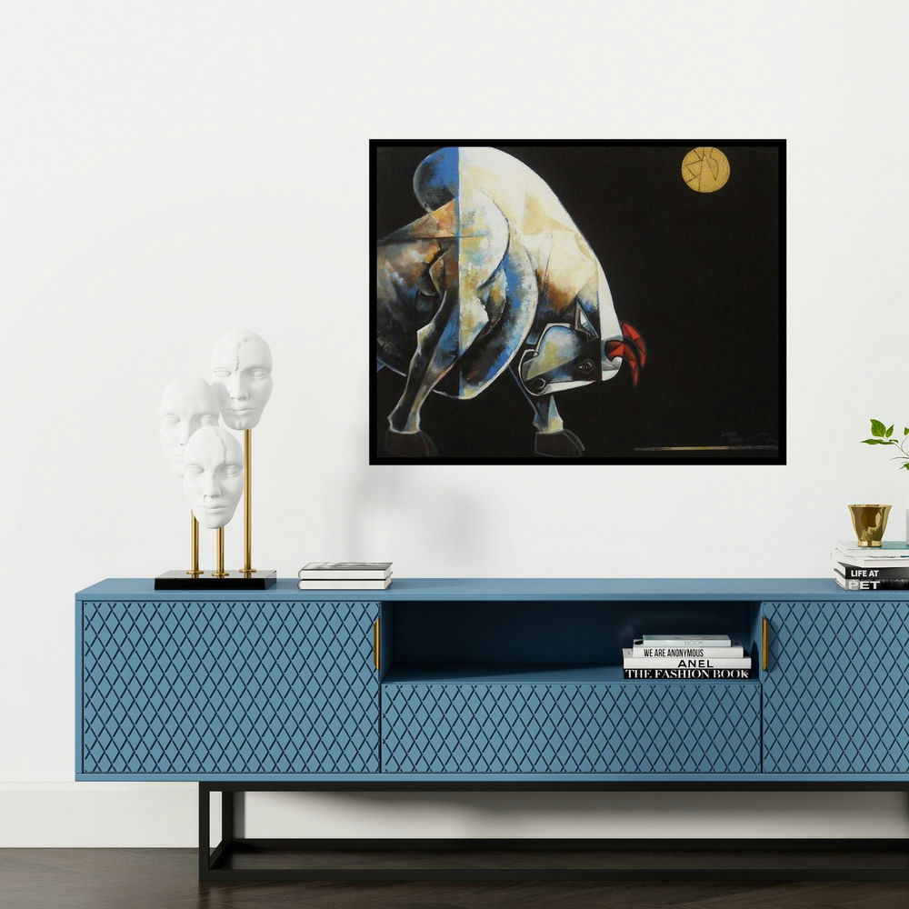 'Bull 3' painting by Dinkar Jadhav shown on a wall in a furnished room.