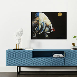 'Bull 3' painting by Dinkar Jadhav shown on a wall in a furnished room.