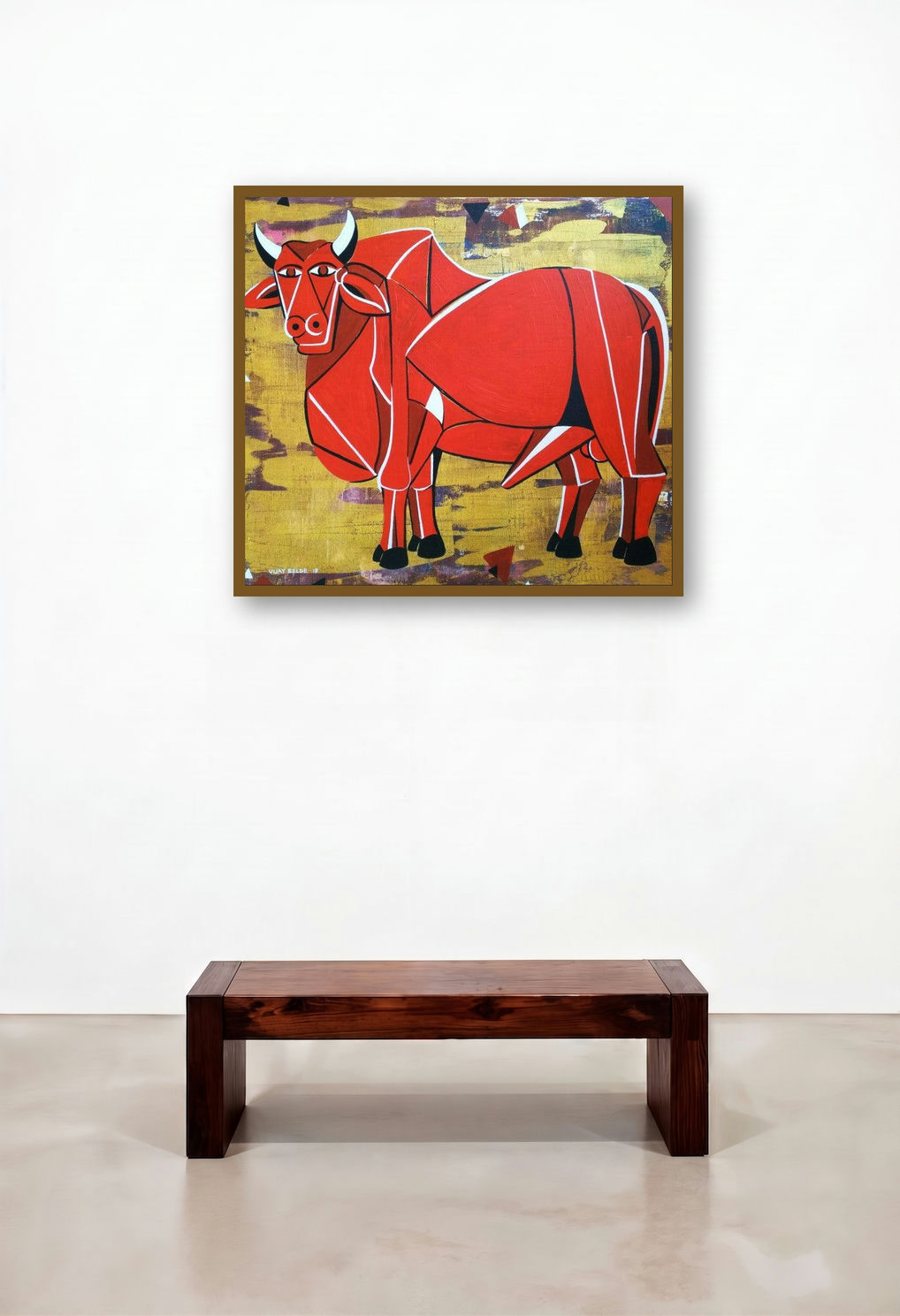 Bull 30 by artist Vijay Belde displayed in a Rustic Bedroom