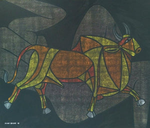 Bull 31 (The Guiding Hand) by Vijay Belde, Original Acrylic Animal Painting on Canvas, Medium Horizontal Wall Art