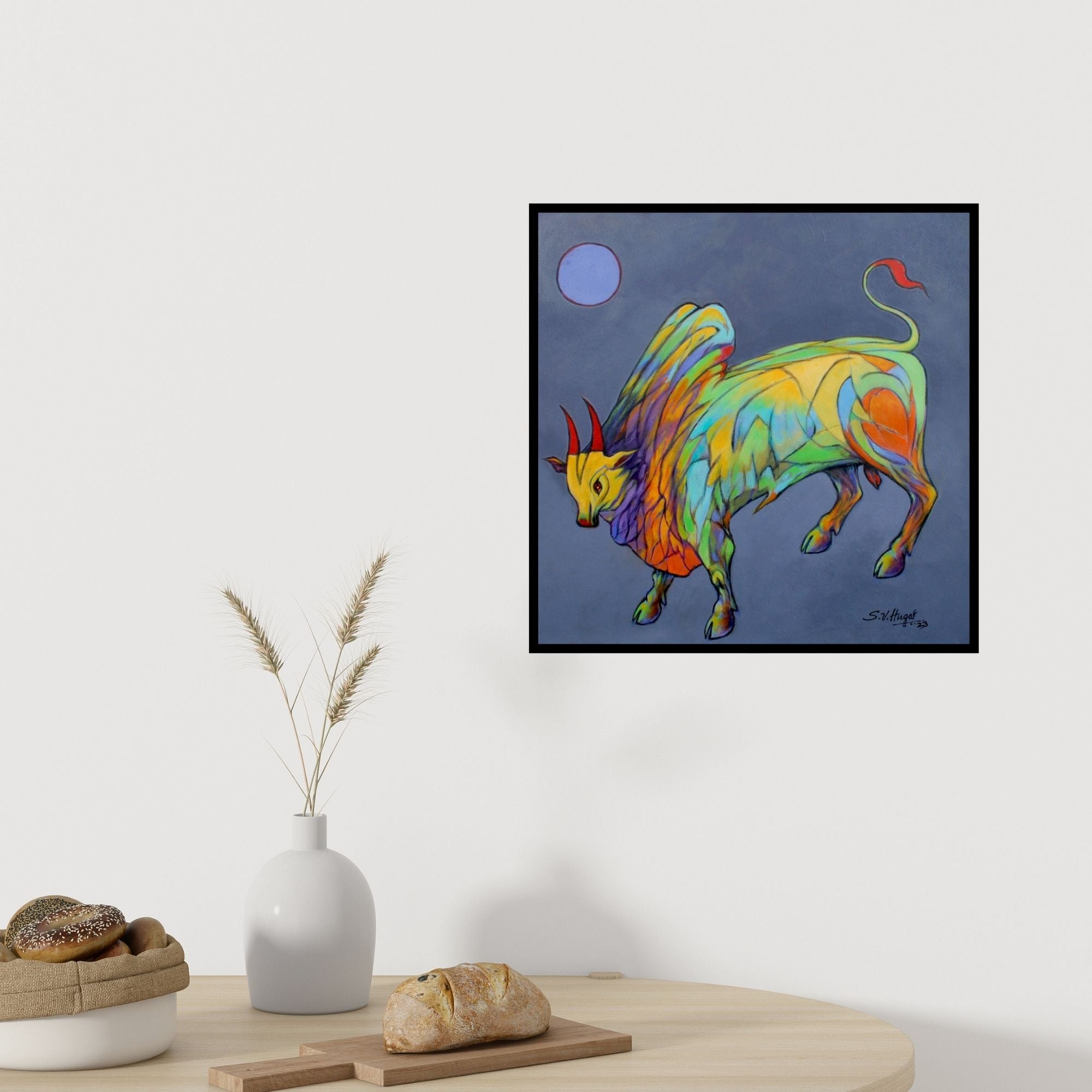 In-situ view of Shivu Hugar's 'Bull 32 (Celestial Charge**)' painting in a room