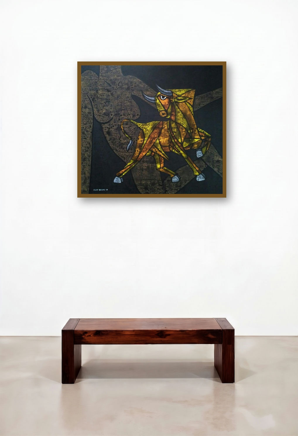 Bull 33 (Primal Instinct) by artist Vijay Belde displayed in a Scandinavian Hallway