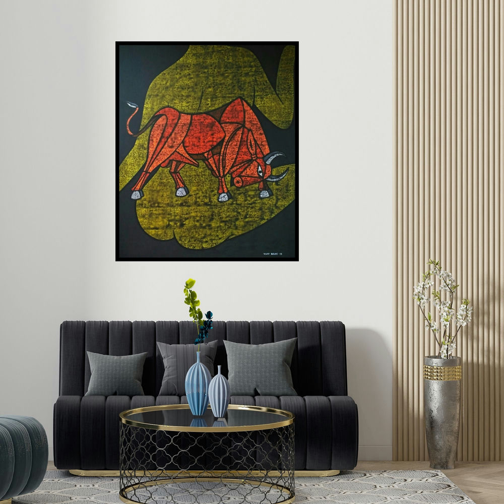'Bull 34 (Inner Strength)' painting by Vijay Belde shown on a wall in a furnished room.