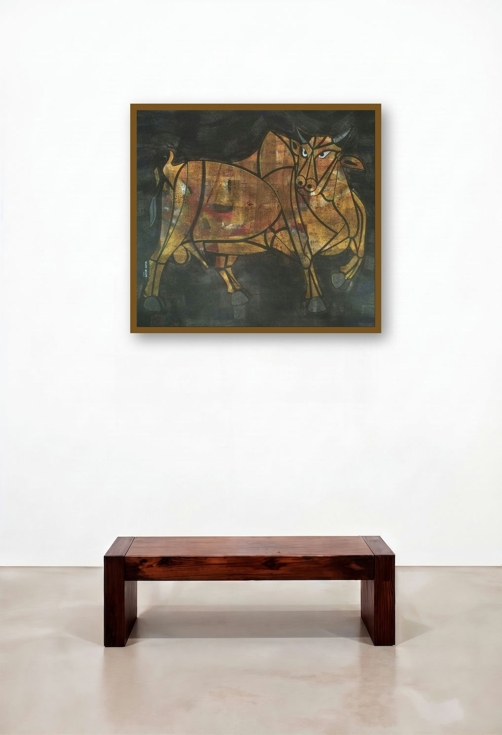 Bull 36 (Night Watch) by artist Vijay Belde displayed in a Japandi Study